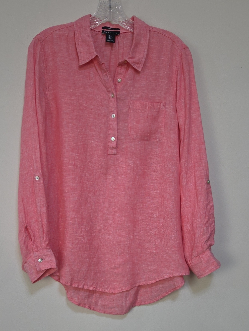 Jones New York Pink Linen Button-Front Roll-Tan Tunic Blouse